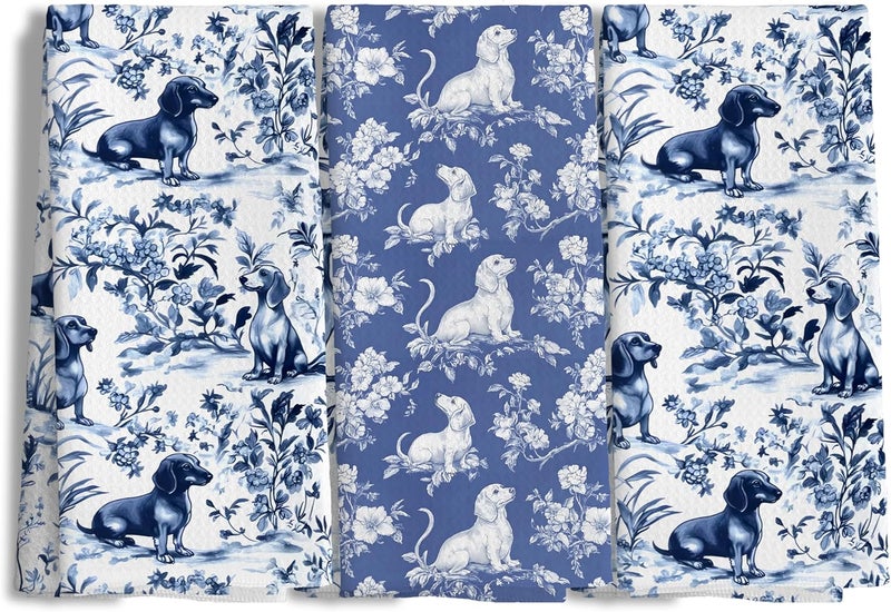 Nipil Chinoiserie Dachshund Kitchen Towels Set of 3, Blue and White Floral Botanical Dachshund Decorative Dish Tea Towels, Grandmillennial Weiner Dog Hand Towels for Kitchen Bathroom, 16x24 Inch - Image 1